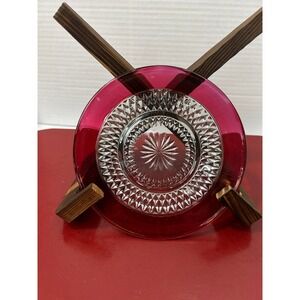 Unbranded Starburst Glass Plate 4.5" Ruby Red Diamond Cut Vintage MCM Holiday